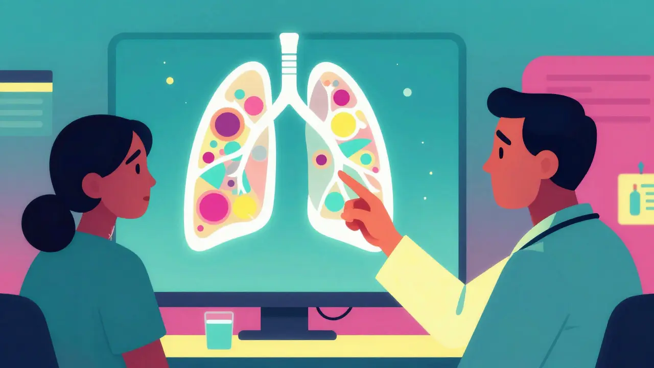 Doctor pointing at a glowing, abstract lung scan with colorful patterns.