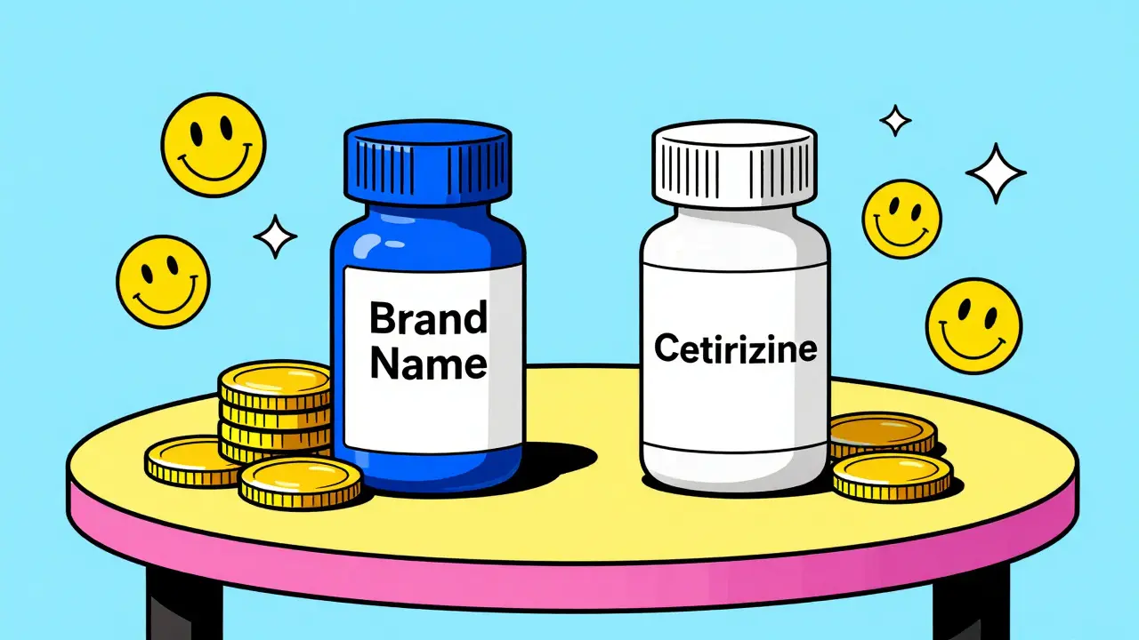 Generic vs brand name medicine cost comparison, retro illustration