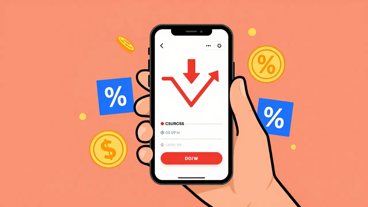 Illustration of phone app showing medicine discounts and savings icons