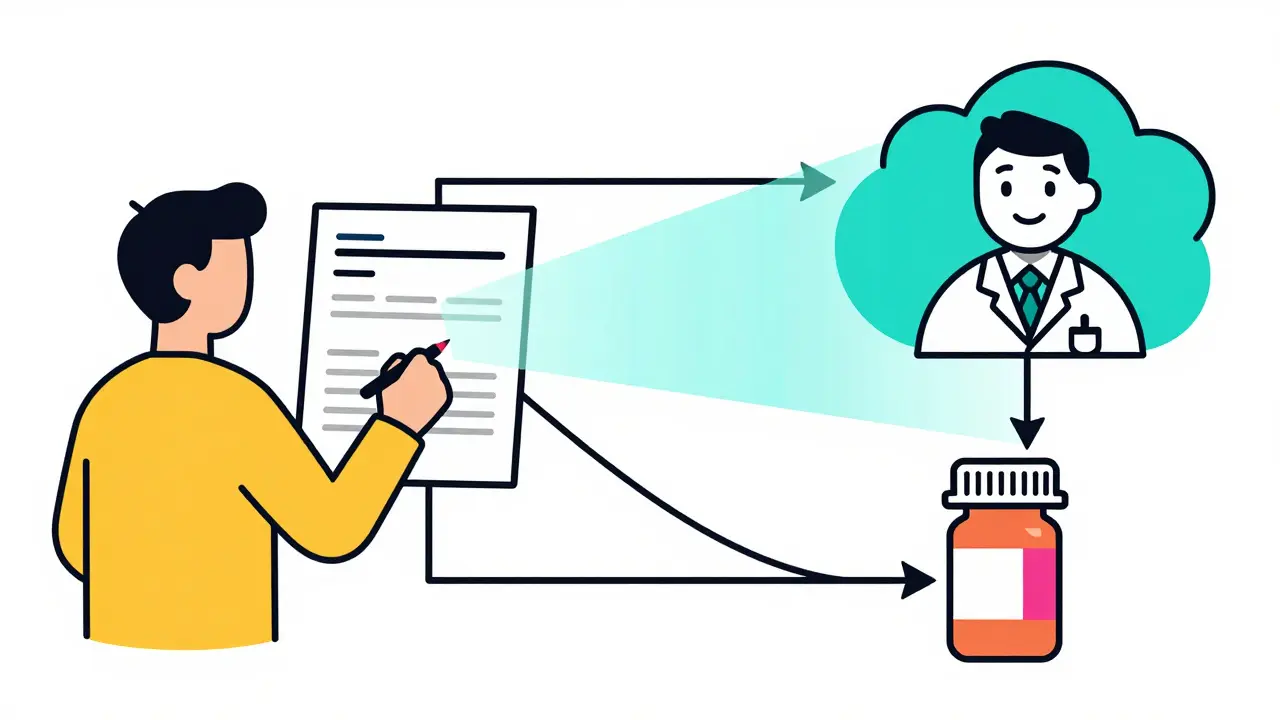 Illustration of telehealth consultation and prescription process