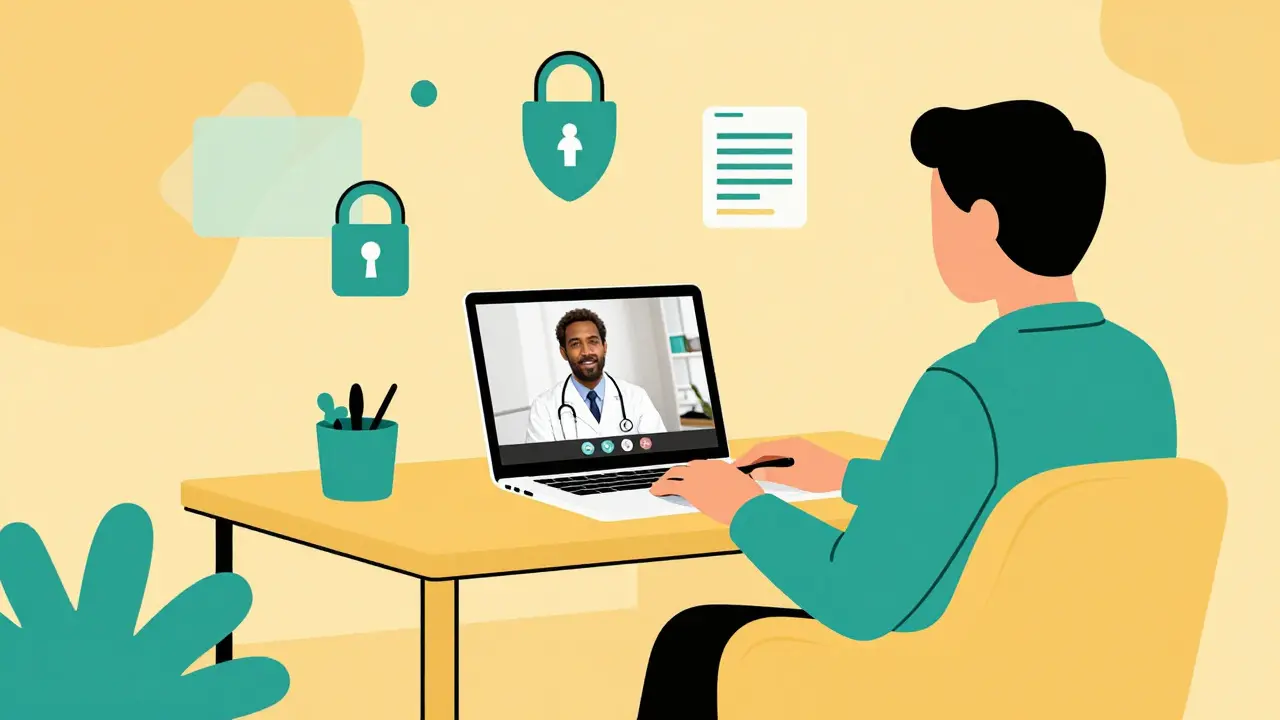 Person having video call with doctor on laptop at home
