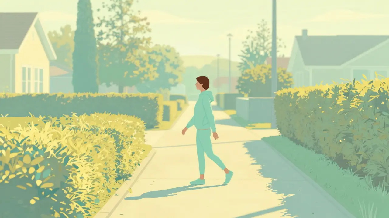 Person walking gently on a path in a symmetrical, pastel-colored suburban setting.