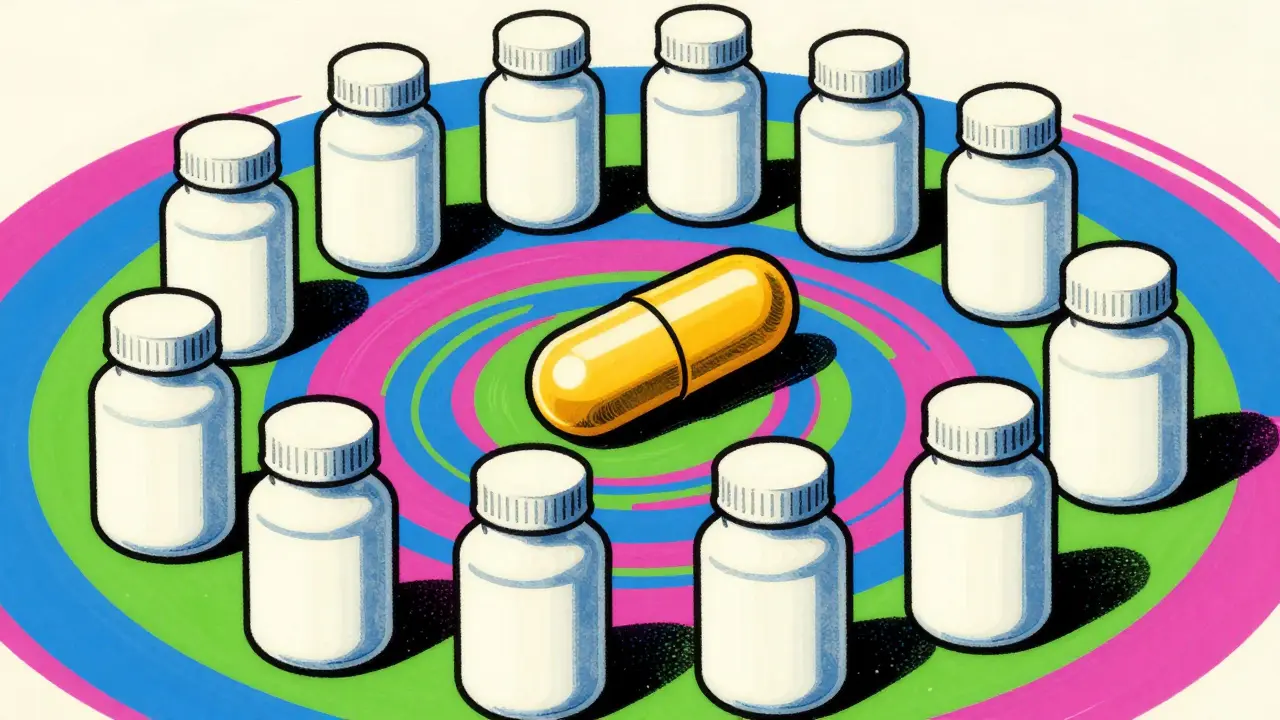 Psychedelic art showing many generic pills outcompeting one expensive brand pill