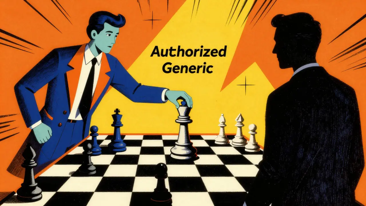 Psychedelic art style depiction of a strategic chess match between brand manufacturers and generic competitors.