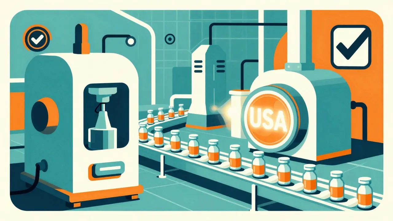 Retro graphic illustration of a modern US pharmaceutical factory with stylized machinery and production lines.