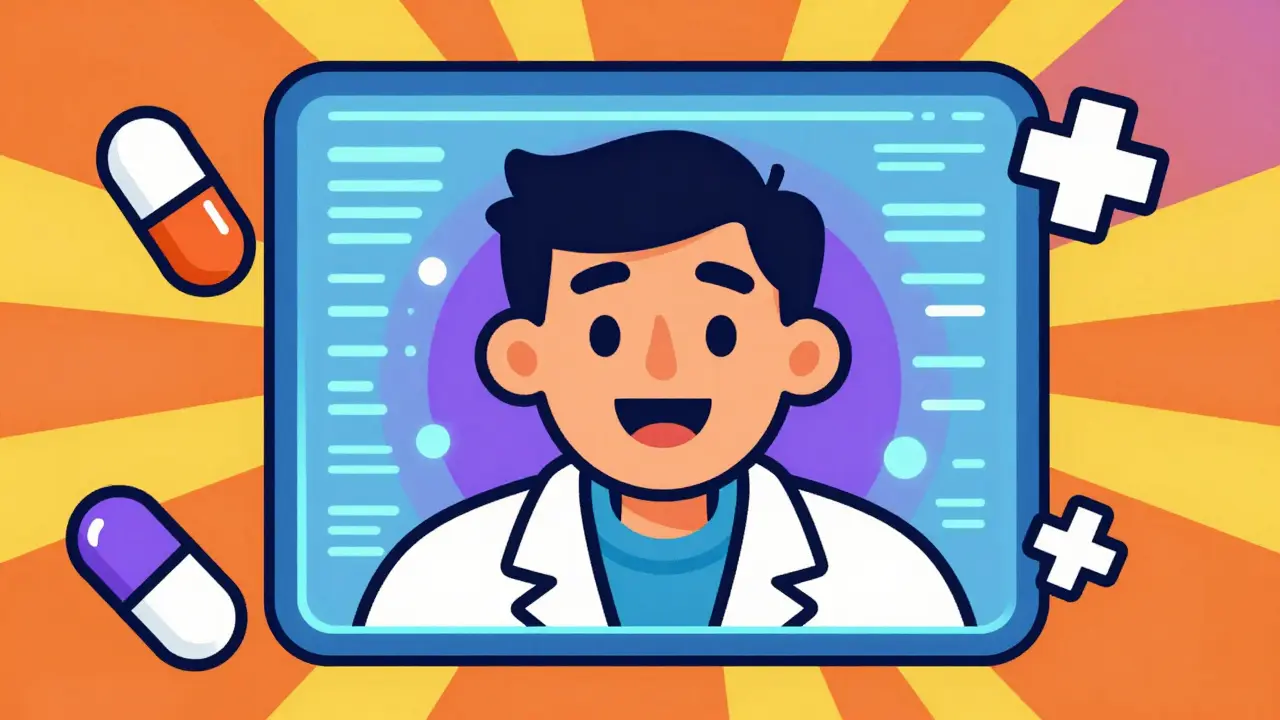 Retro illustration of doctor appearing from digital screen with pills