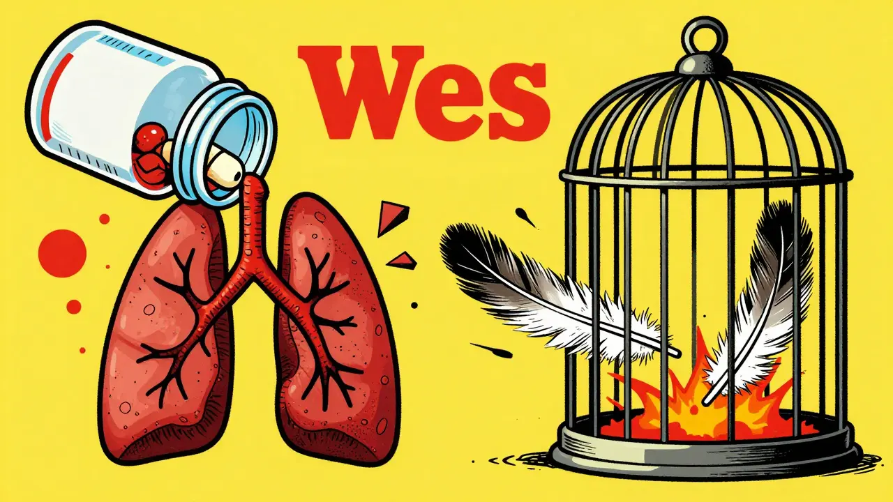 Split illustration contrasting pill bottles and bird cages causing lung issues.
