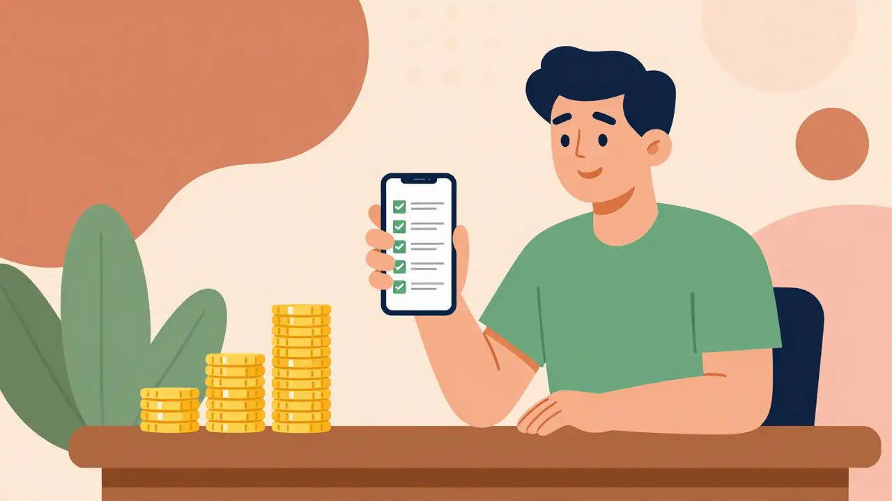 Stylized drawing of person saving money on medication using phone app