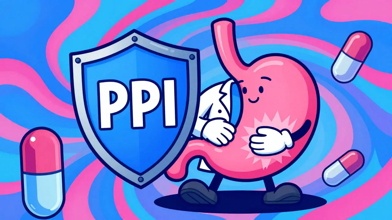 A retro 1960s Wes Wilson-style cartoon of a doctor holding a protective shield over a stomach, deflecting jagged pills, set against a swirling electric blue and pink background, representing prevention strategies.