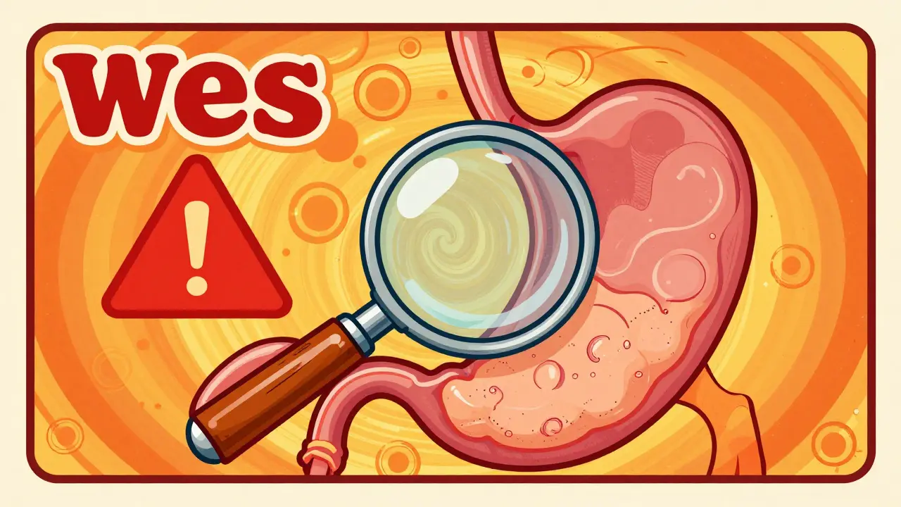 A vibrant Wes Wilson-style illustration with a magnifying glass examining a stomach lining, featuring red retro warning signs and swirling yellow-orange backgrounds, highlighting the importance of recognizing GI bleeding risks.