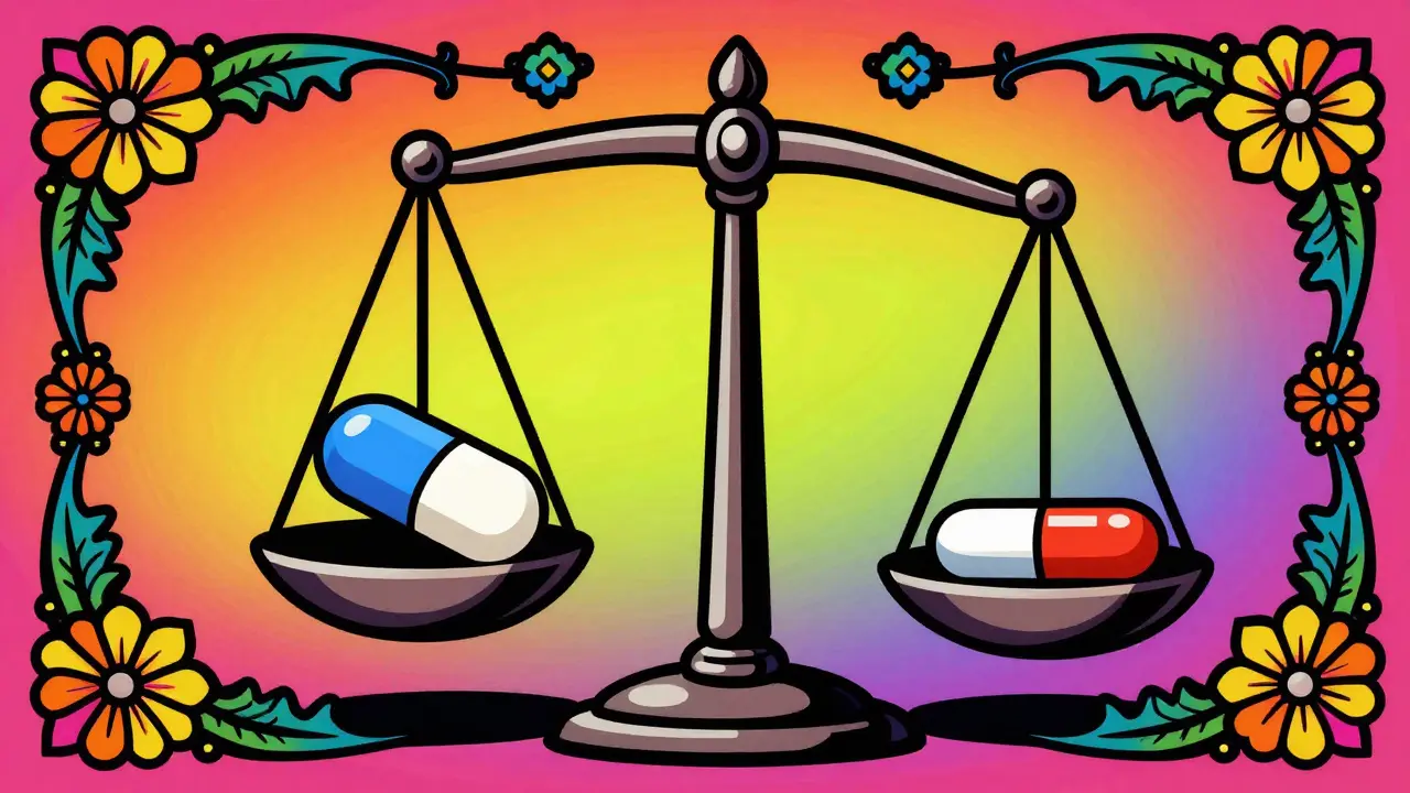 A Wes Wilson-style psychedelic poster art depicting a balance scale with antidepressant and painkiller pills, framed by ornate floral borders and rainbow gradients, symbolizing the need for careful medication management.