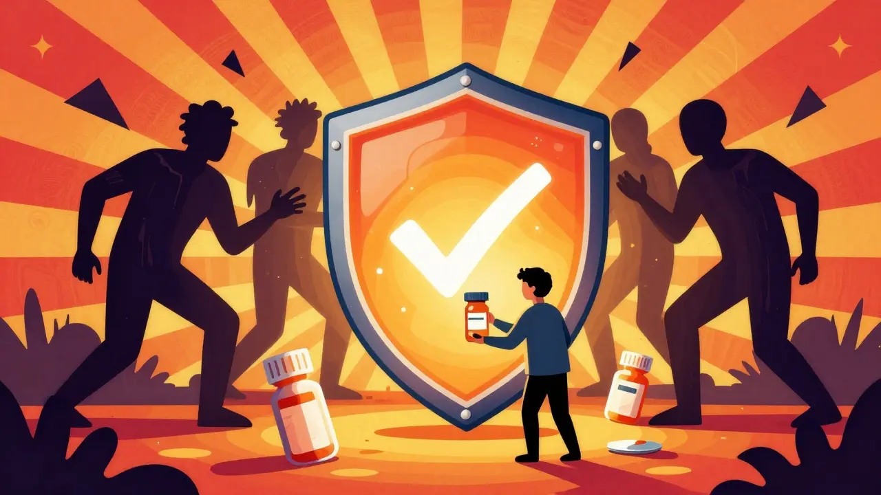 Artistic shield protecting user from online pharmacy scams and fraud