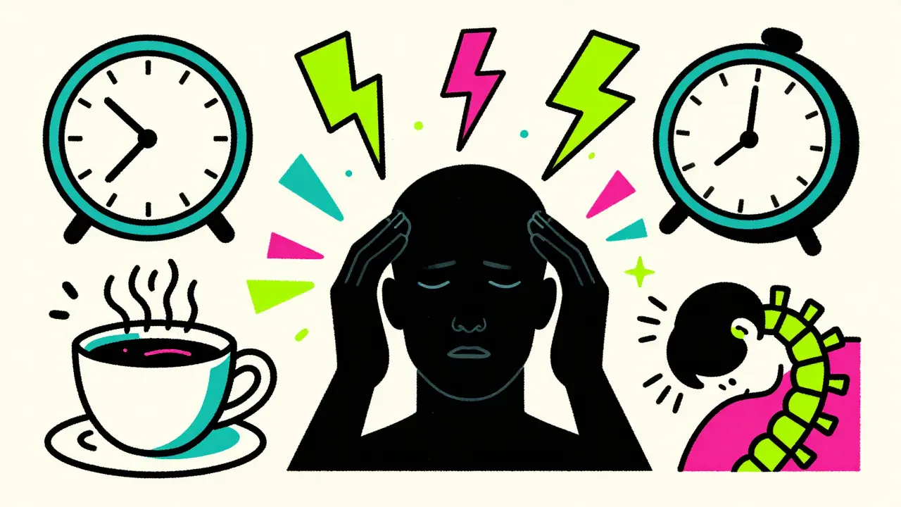 Colorful illustration of abstract triggers like stress and poor posture surrounding a head silhouette.