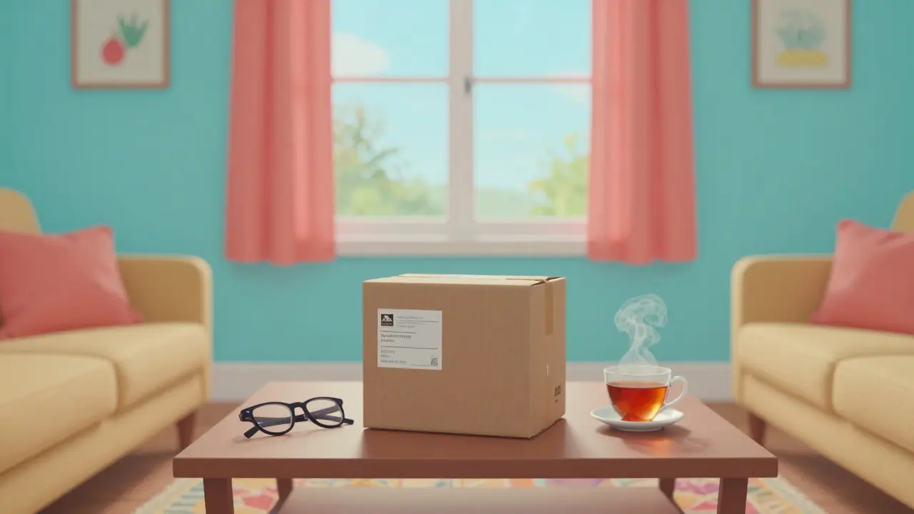 Delivered medication package on a coffee table in a bright living room