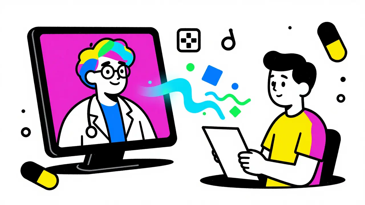 Doctor and patient connected via digital screen with abstract data flow