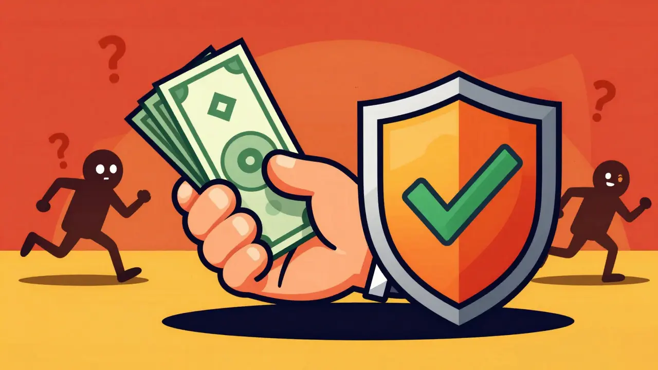 Hand holding coupons and shield against scam shadows in retro style