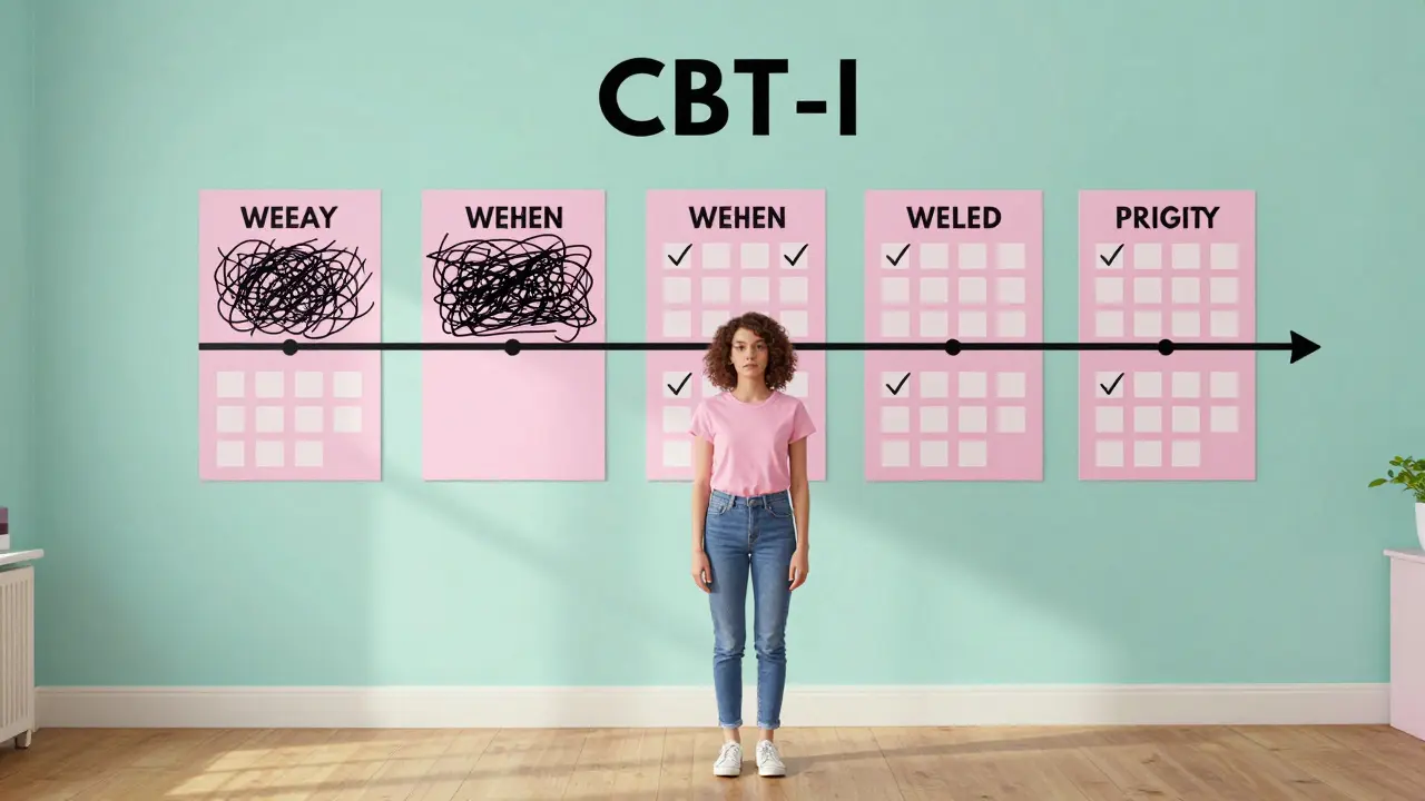 Happy person standing near organized calendar showing sleep progress, Wes Anderson style