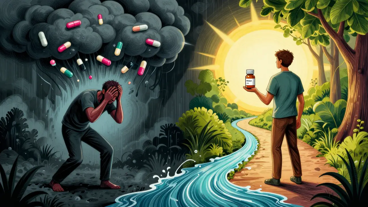 Illustration comparing risky drug combo to safer alternatives