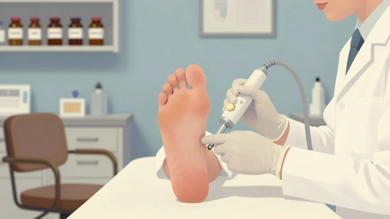 Illustration of a doctor applying liquid nitrogen to a foot wart in a clinic.