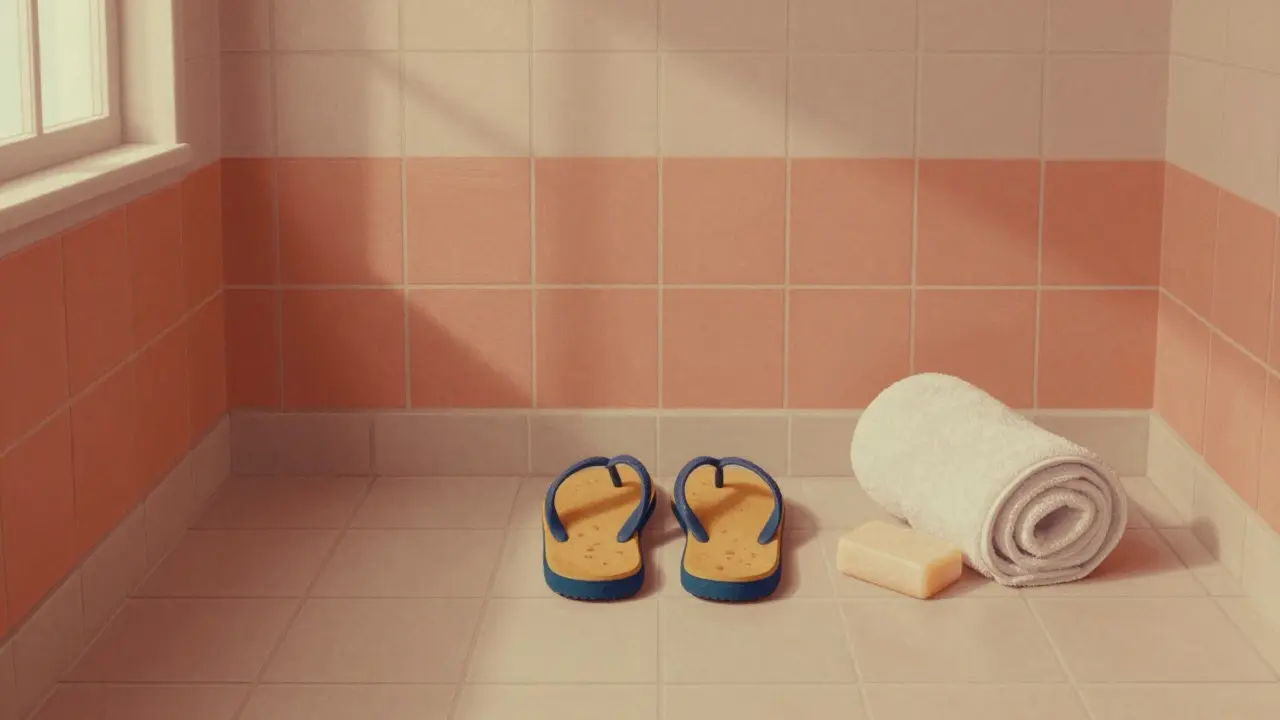 Illustration of flip-flops and hygiene items on a tiled floor to prevent warts.