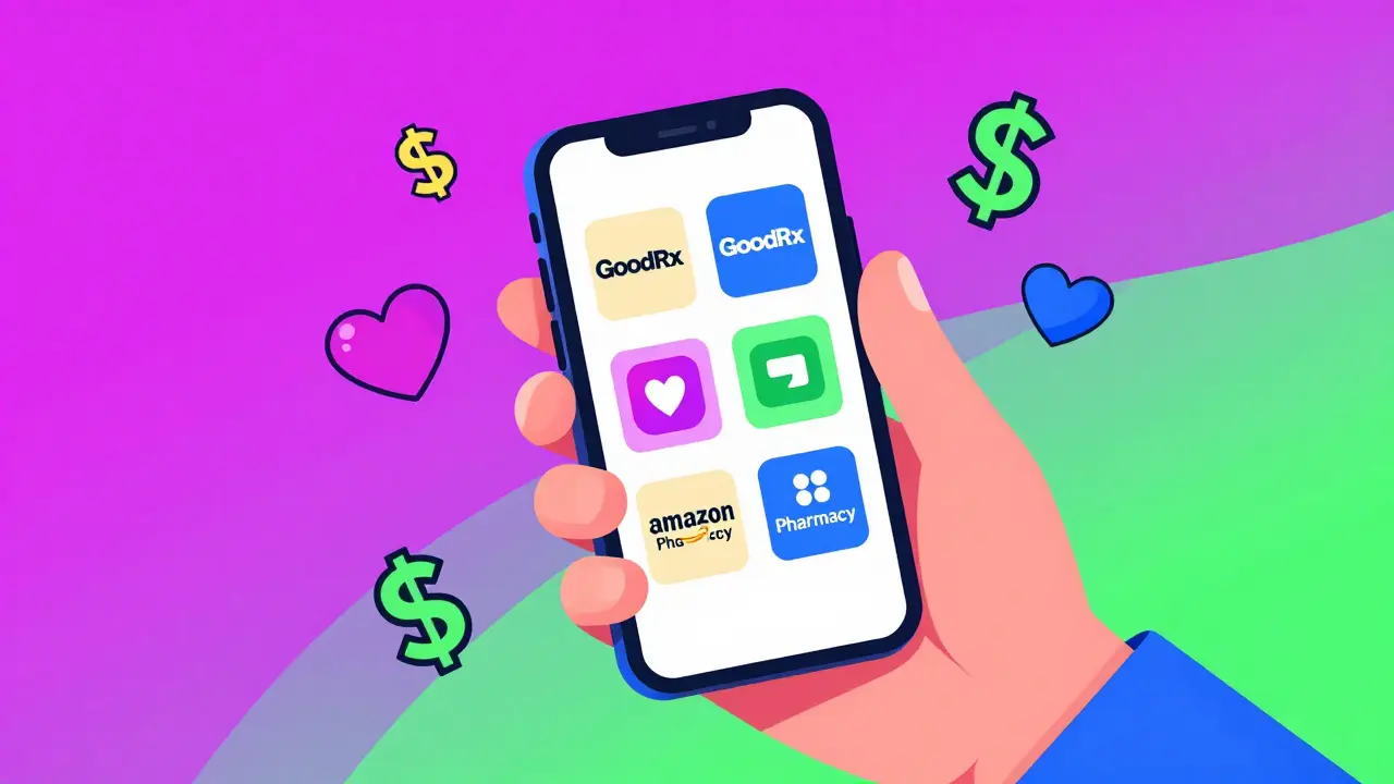 Illustration of smartphone showing safe online pharmacy discount icons