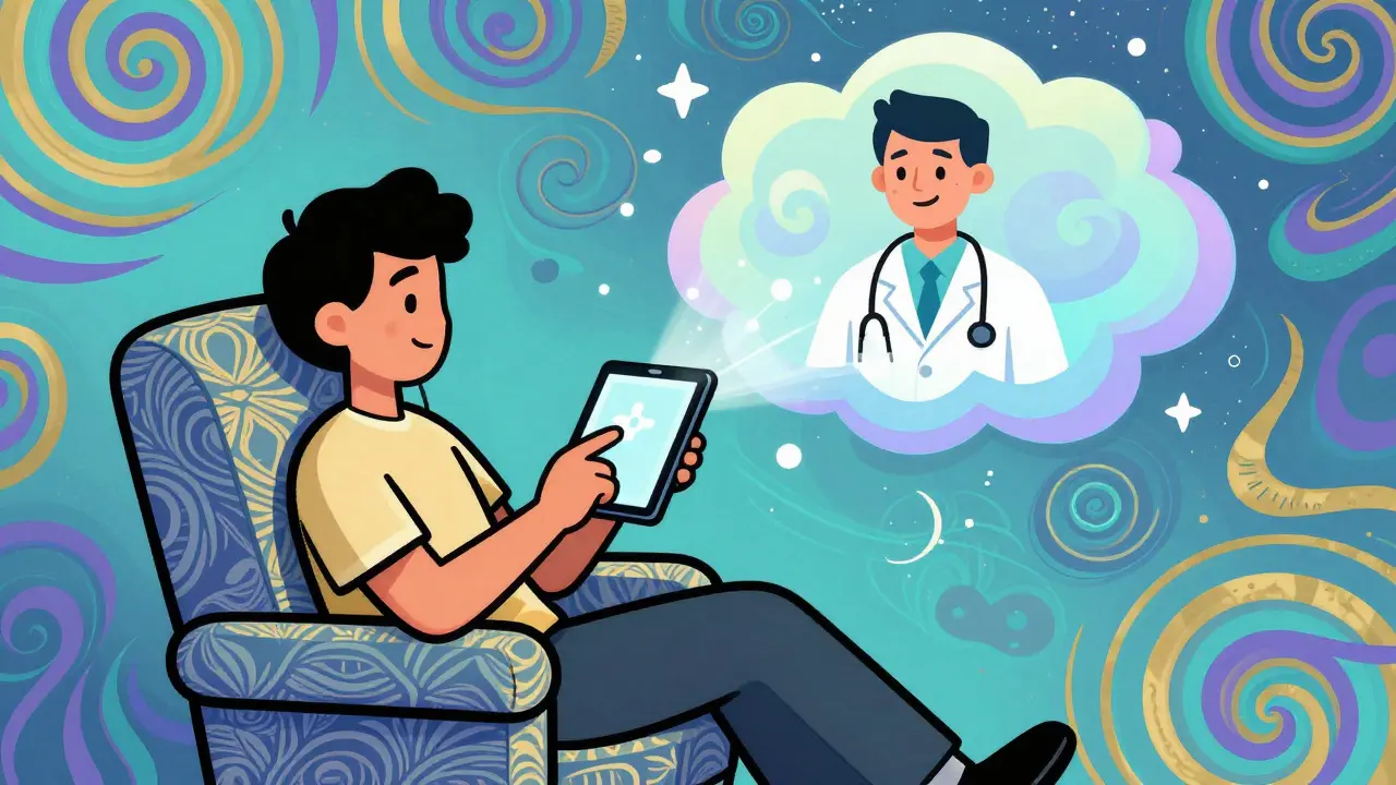 Retro illustration of a secure online telehealth video consultation