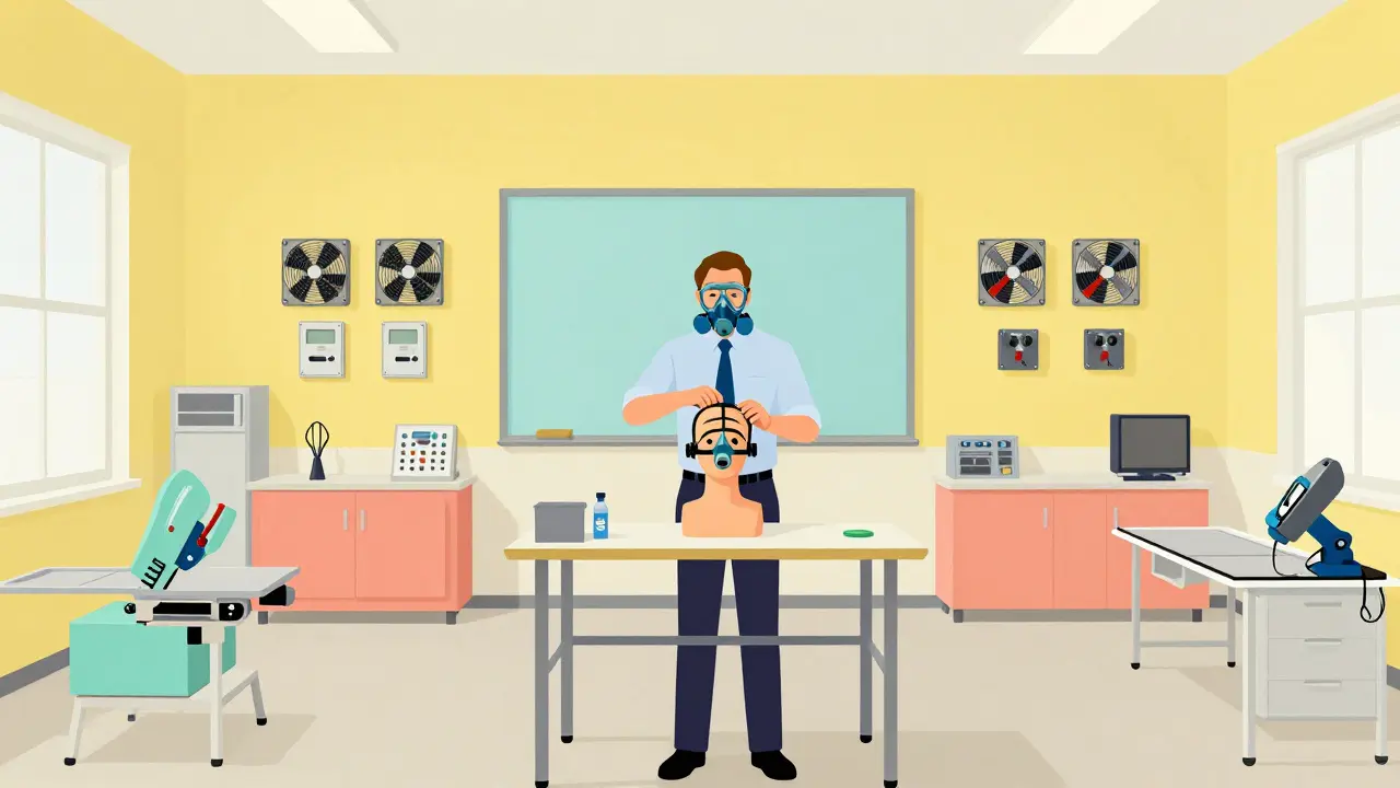 Safety supervisor demonstrating respirator use in a brightly colored, organized training room.