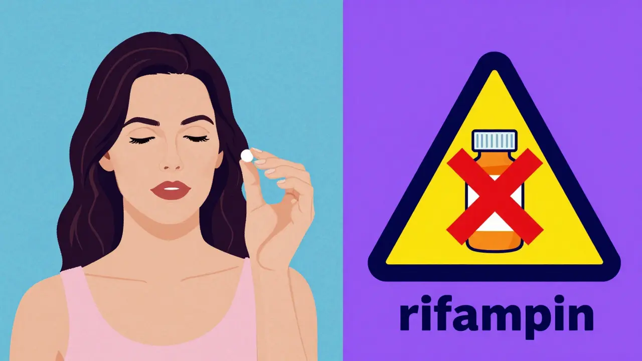 Split illustration comparing safe antibiotics vs risky rifampin with birth control