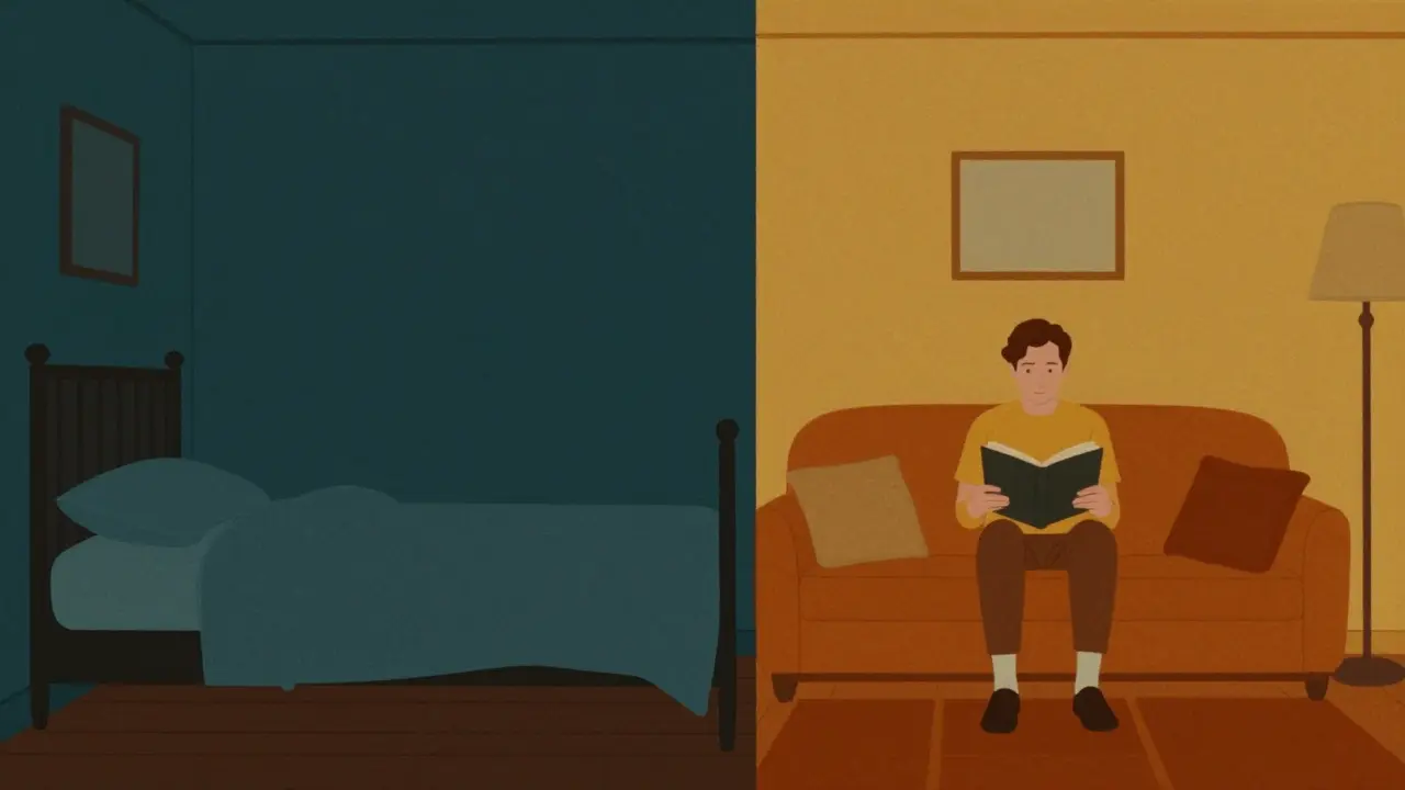 Split scene of empty bed and person reading in living room, Wes Anderson style