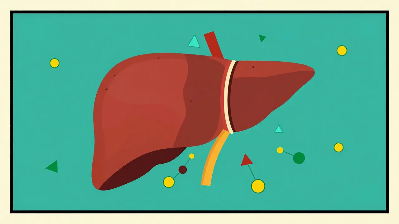 Stylized graphic showing liver enzymes breaking down hormones in a Wes Wilson art style