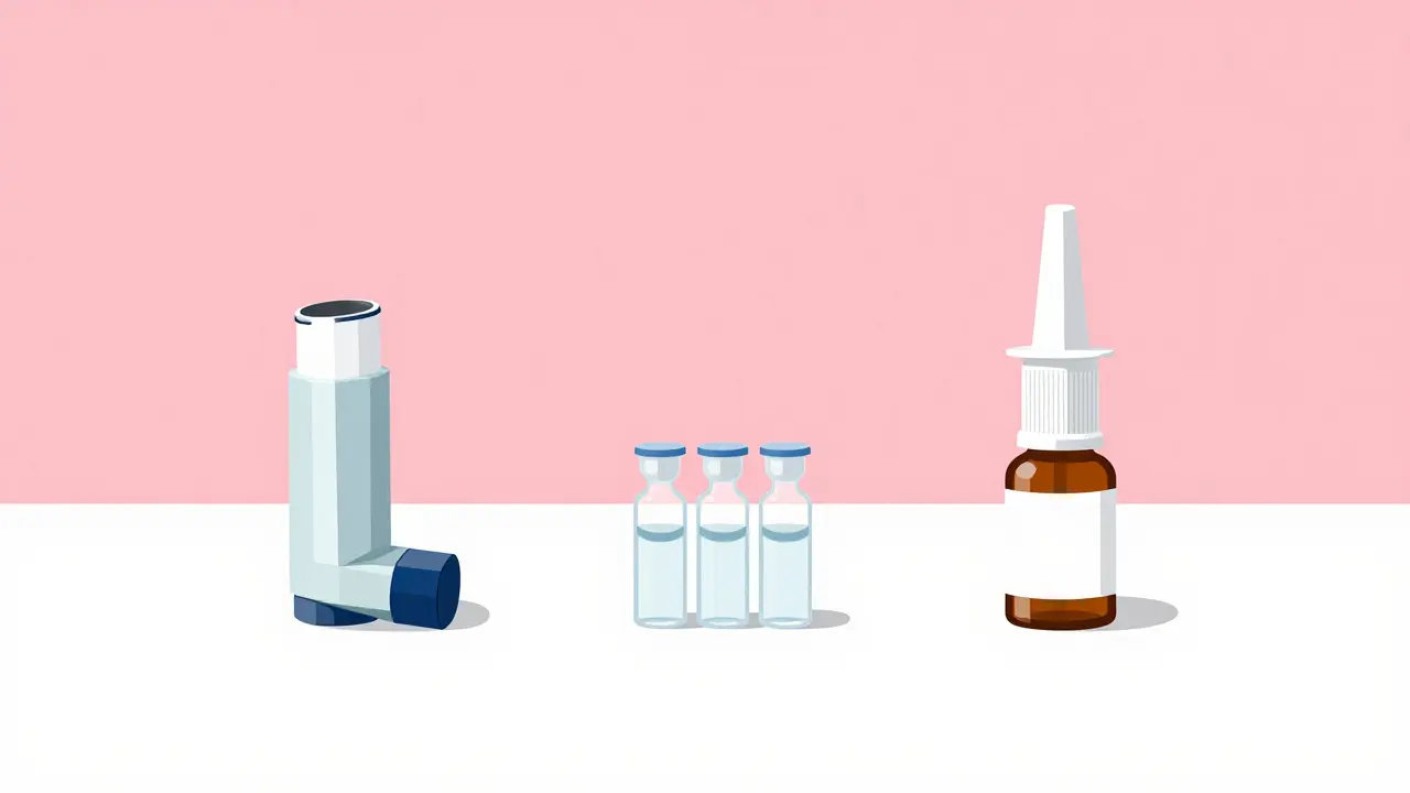Symmetrical display of inhaler, nebulizer vials, and nasal spray bottles