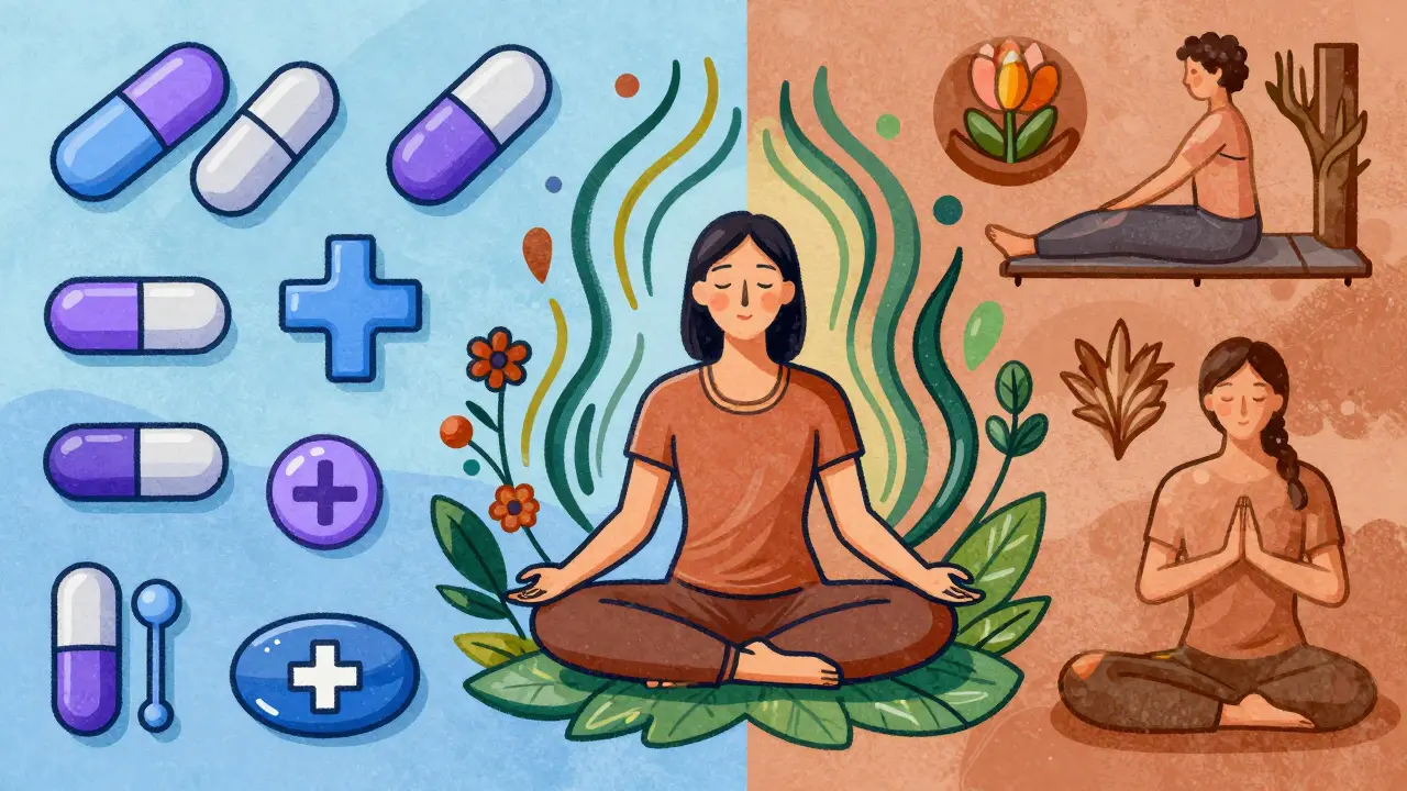 Vibrant art showing balance between medication and holistic therapies for headache relief.
