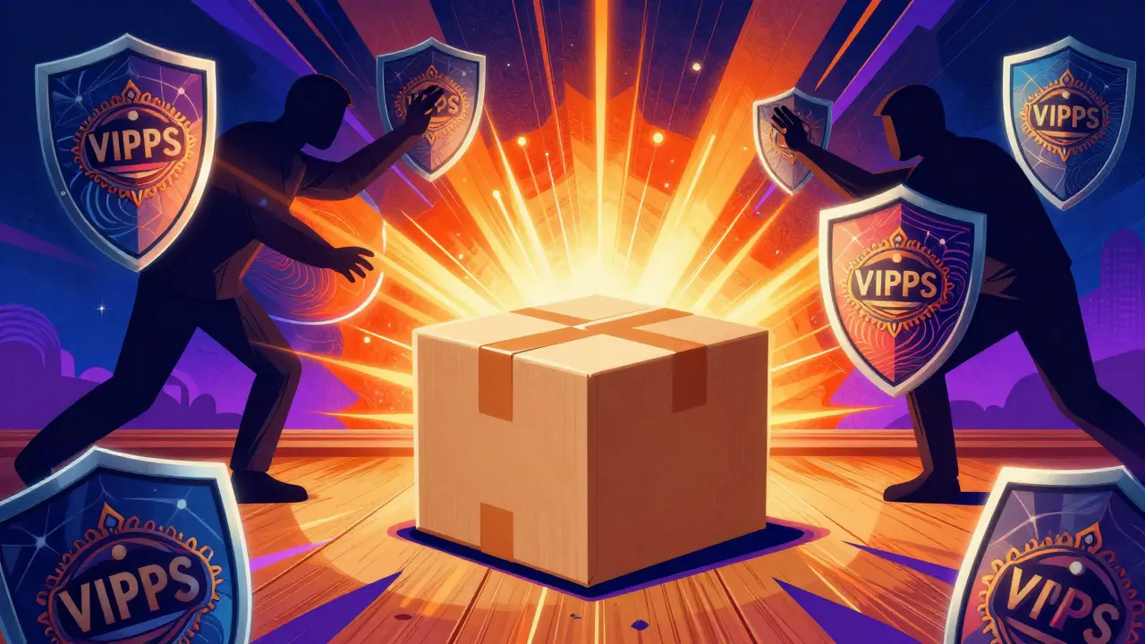 Vibrant cartoon of a discreet medication package with safety shields