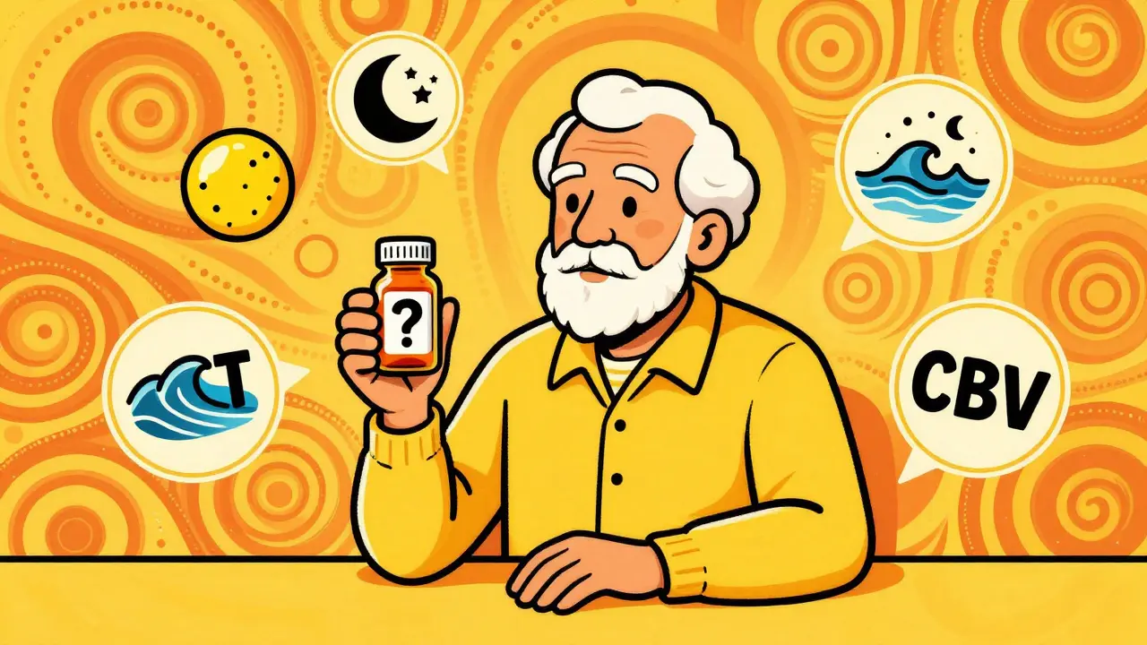 Cartoon of senior choosing safer alternatives to anticholinergics