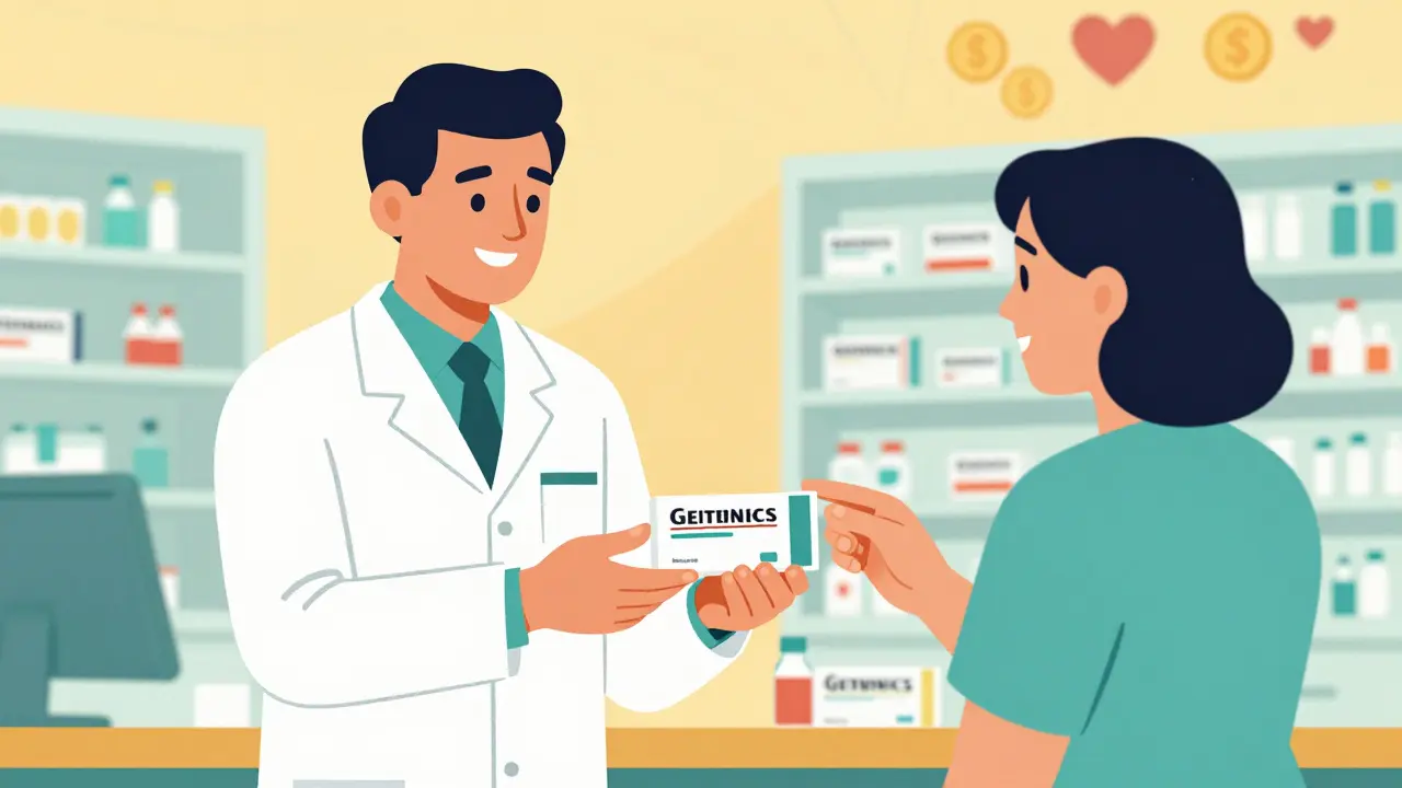 Cartoon pharmacist giving generic med to happy patient
