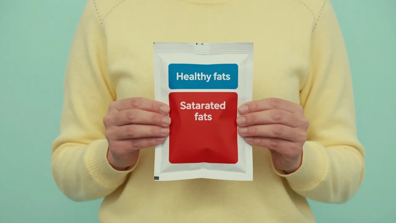 Character holding a food label with color-coded ingredient blocks in a pastel setting.