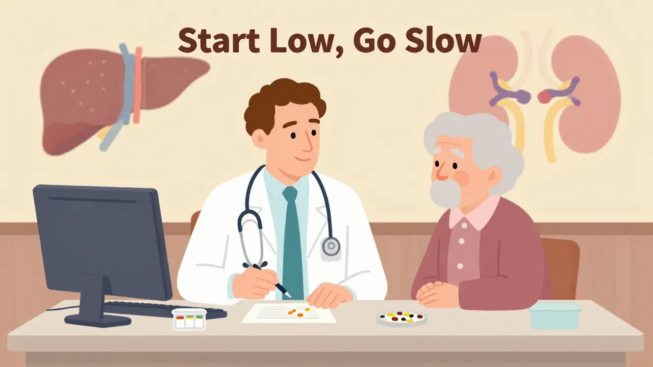Charming cartoon of a doctor and senior patient reviewing meds, with subtle organ function visuals in the background, emphasizing safe prescribing practices in Wes Anderson's distinctive artistic style.