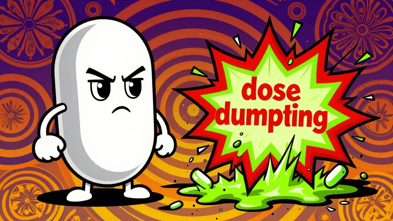 Colorful cartoon warning about the dangers of crushing extended-release pills