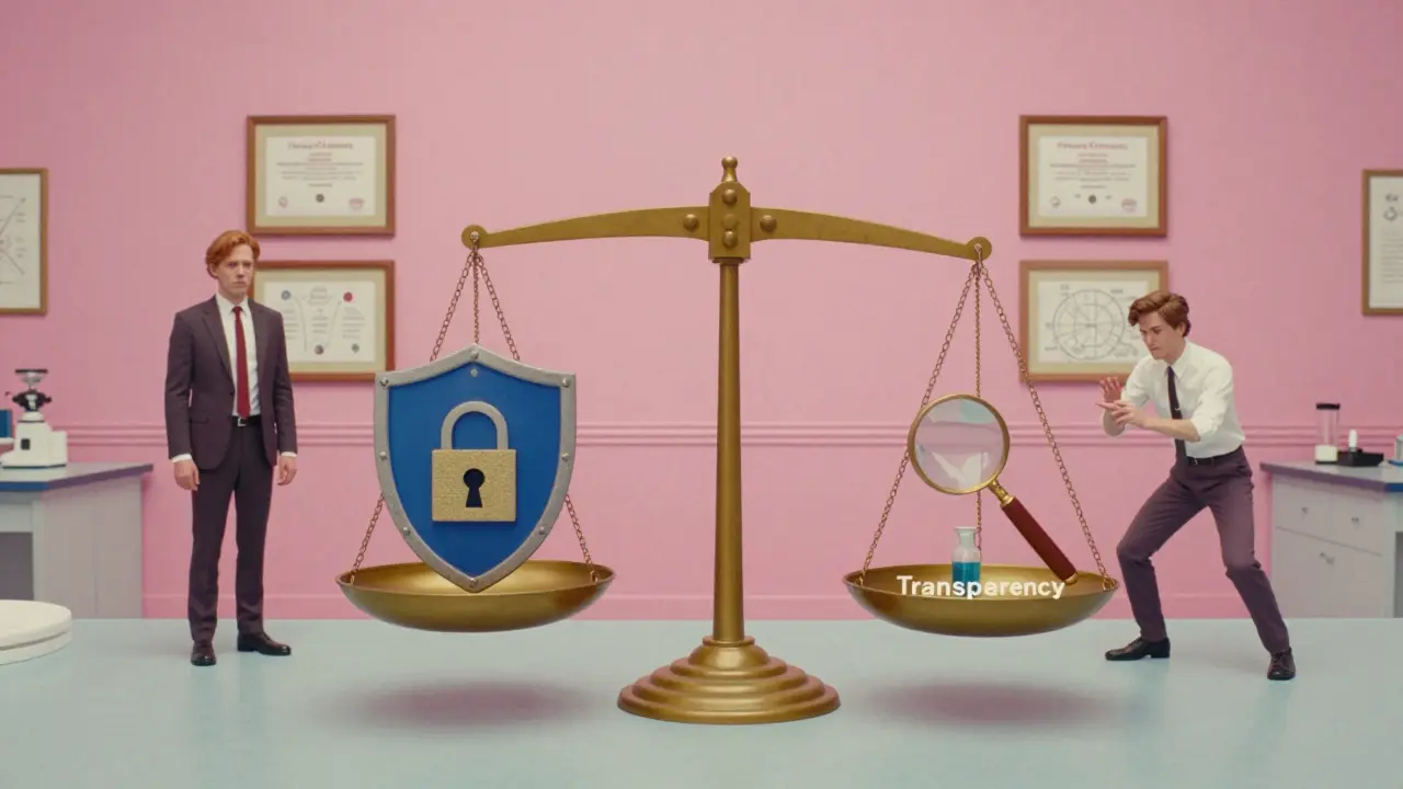 Conceptual balance scale weighing privacy against transparency in a lab