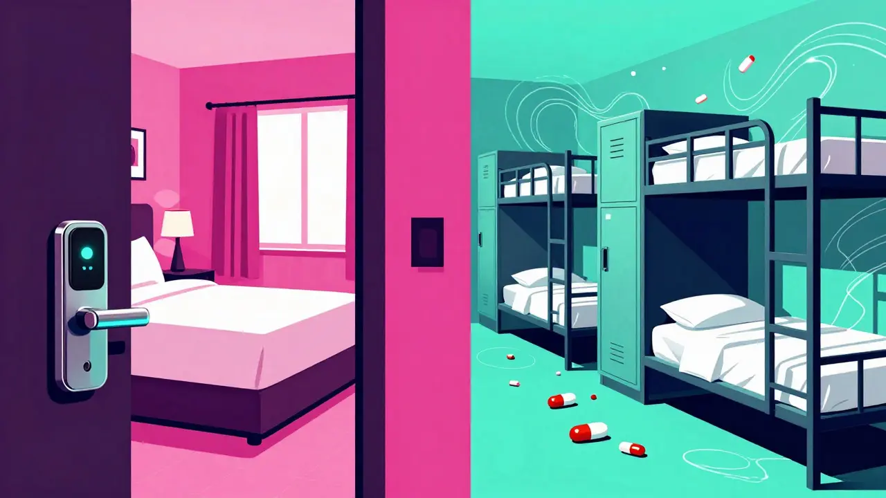 Contrast between secure hotel and risky hostel dorm for meds in retro illustration