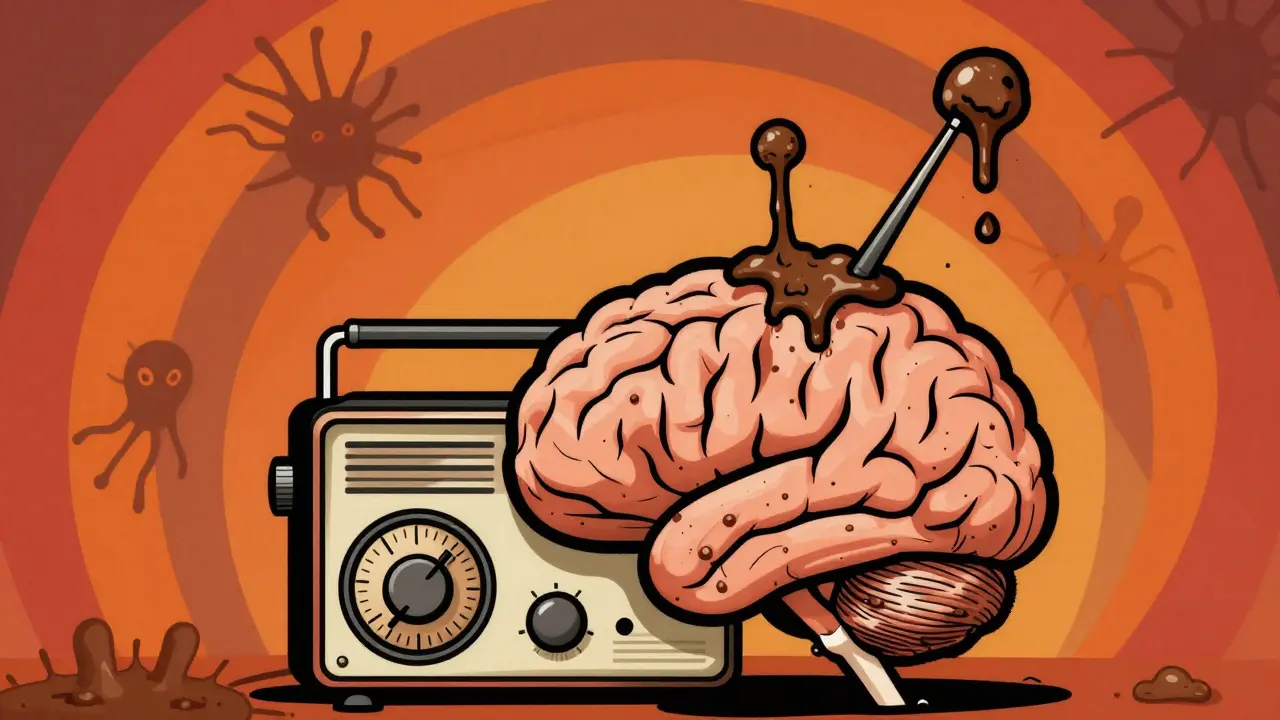 Illustration of a brain radio with muddy antennas blocking signals