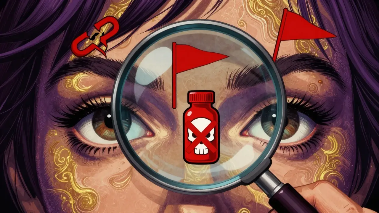 Illustration of eyes inspecting red flags like no prescriptions and fake sites with a magnifying glass.