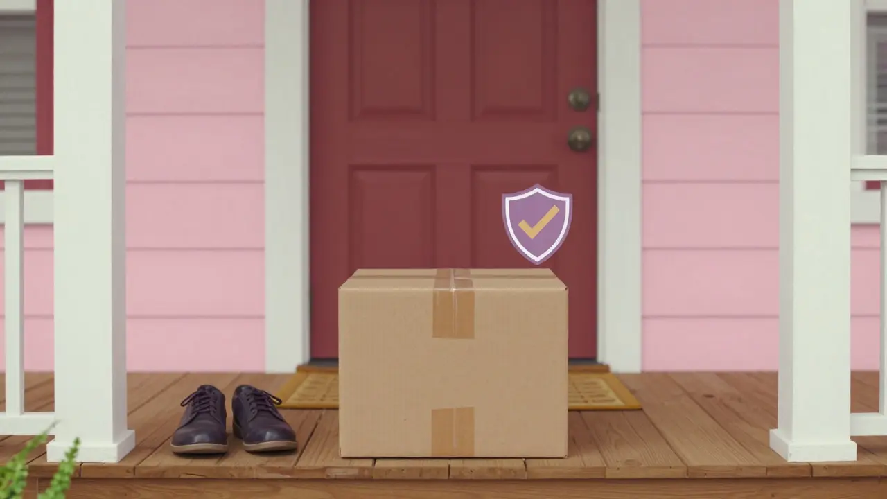 Illustration of safe medicine delivery box on doorstep with security shield