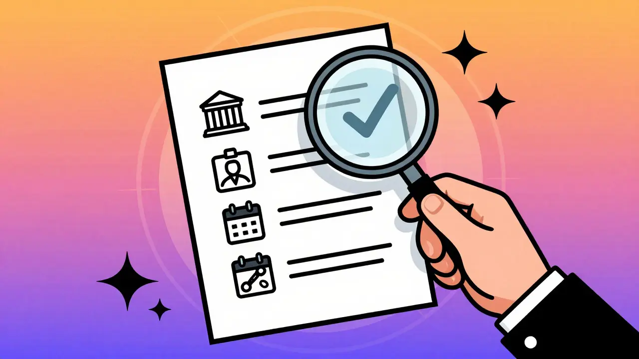Person using a magnifying glass to check a verification list with icons in Wes Wilson illustration style.