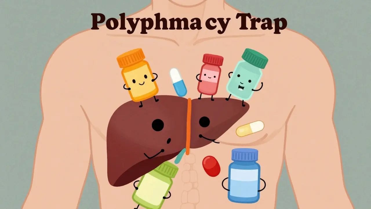 Playful cartoon depiction of polypharmacy risks, showing chaotic pill interactions overwhelming cute, simplified liver and kidney organs in a Wes Anderson-style pastel composition.