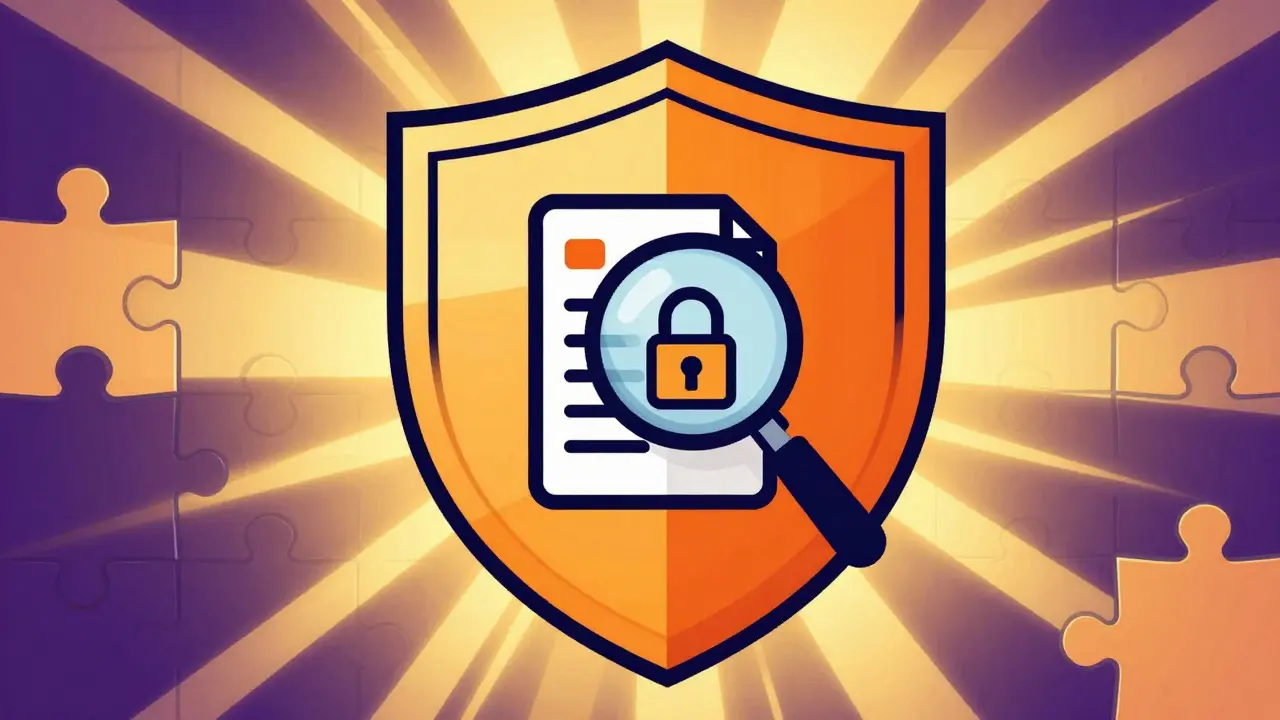 Psychedelic art of a shield and magnifying glass symbolizing safe online pharmacy verification