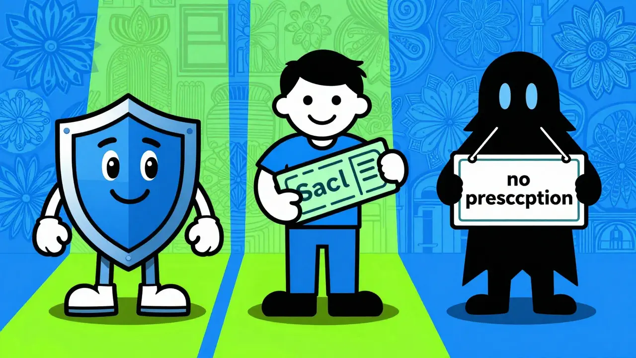 Retro illustration comparing safe vs unsafe online pharmacy options