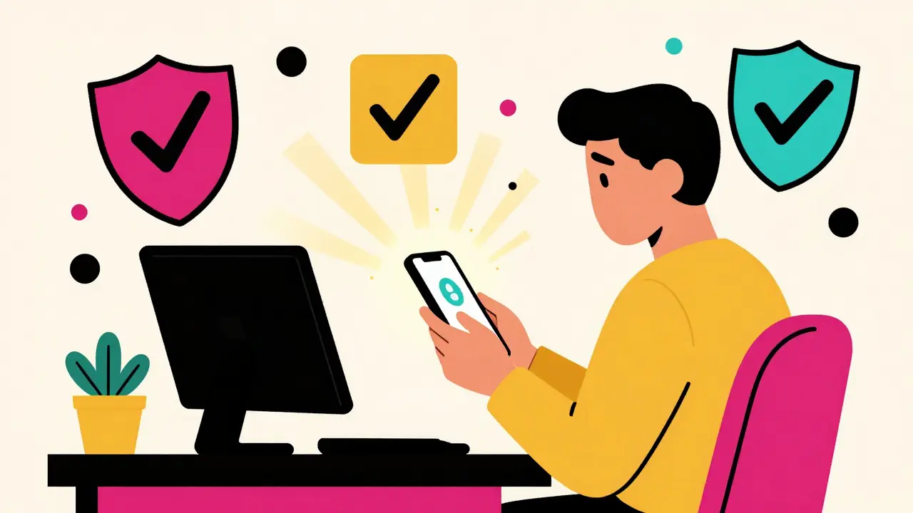 Retro illustration of person using phone for secure telehealth service
