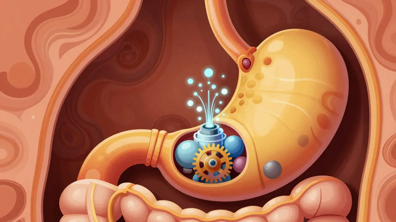 Retro-style art showing a pill releasing medicine slowly inside the stomach