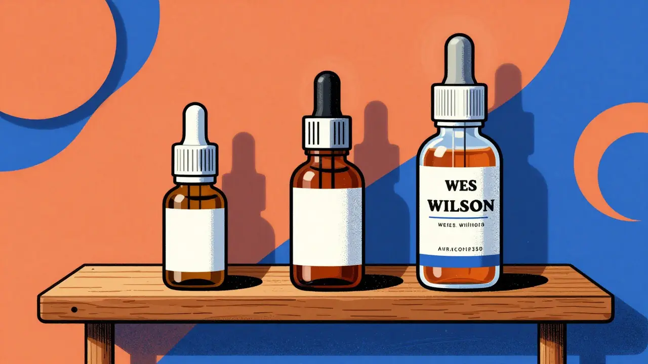 Retro-style illustration comparing cheap, mid-range, and premium bimatoprost eye drop bottles.